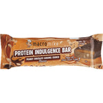 A single wrapped 50g Macro Mike Peanut Choc Caramel Crunch protein bar on a plain white background.