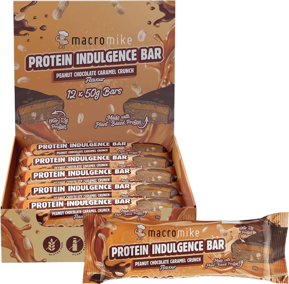 Macro Mike Peanut Choc Caramel Crunch protein bar shown individually and in a 12-pack box on a white background.
