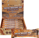 Macro Mike Peanut Choc Caramel Crunch protein bar shown individually and in a 12-pack box on a white background.