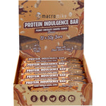 Retail display box of Macro Mike Peanut Choc Caramel Crunch protein bars with individual 50g packs on a white background.