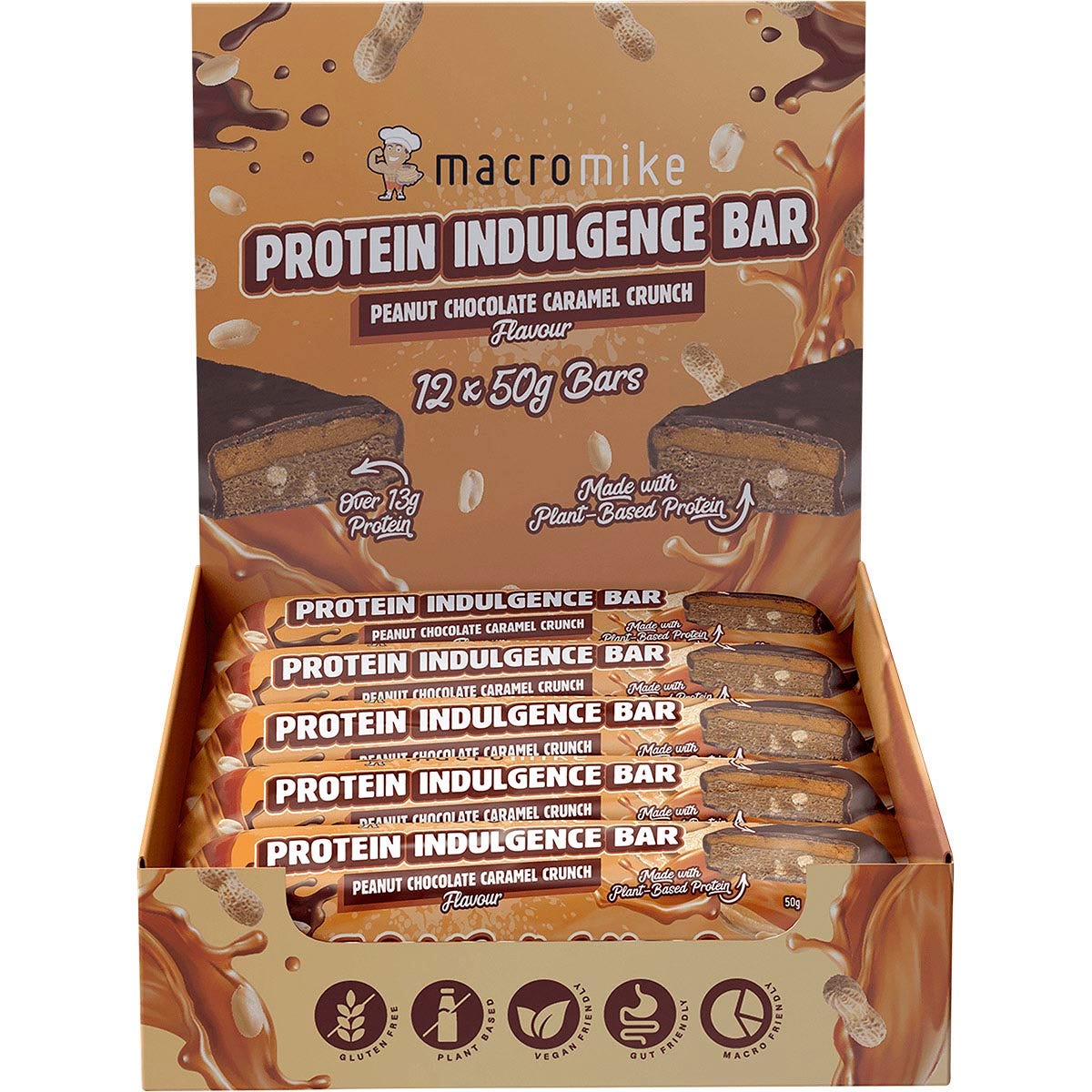 Retail display box of Macro Mike Peanut Choc Caramel Crunch protein bars with individual 50g packs on a white background.