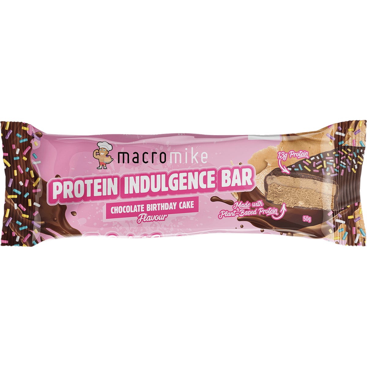 Macro Mike Chocolate Birthday Cake Protein Indulgence Bar in its white and purple 50g wrapper on a white background.