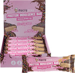 Box and individual 50g Macro Mike Chocolate Birthday Cake Protein Indulgence Bars with sprinkles.
