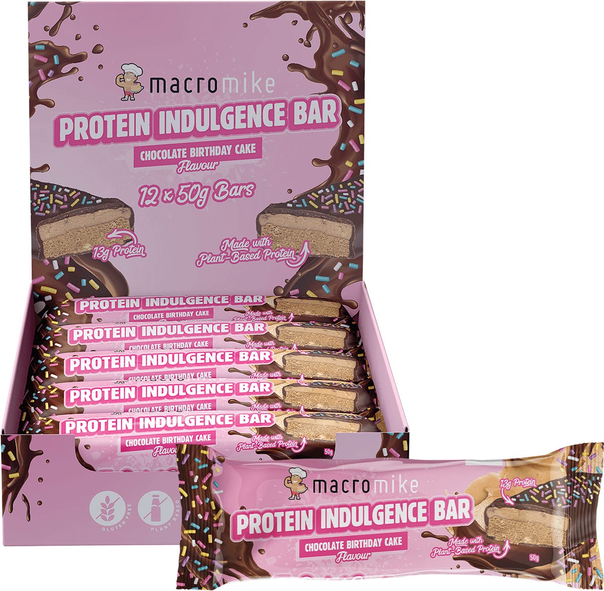 Box and individual 50g Macro Mike Chocolate Birthday Cake Protein Indulgence Bars with sprinkles.