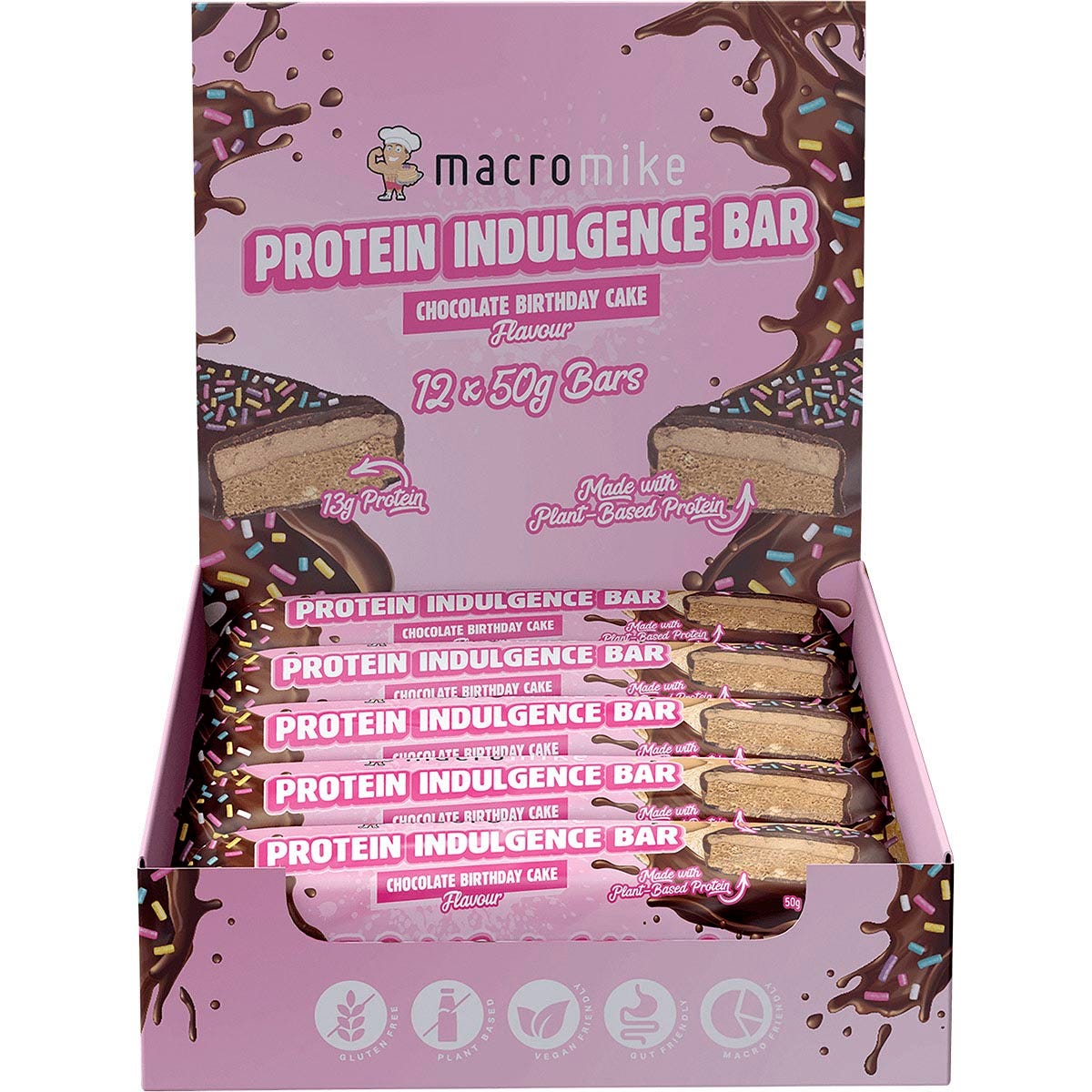 Retail display box of Macro Mike Chocolate Birthday Cake Protein Indulgence Bars with 12 individual 50g snack packs.