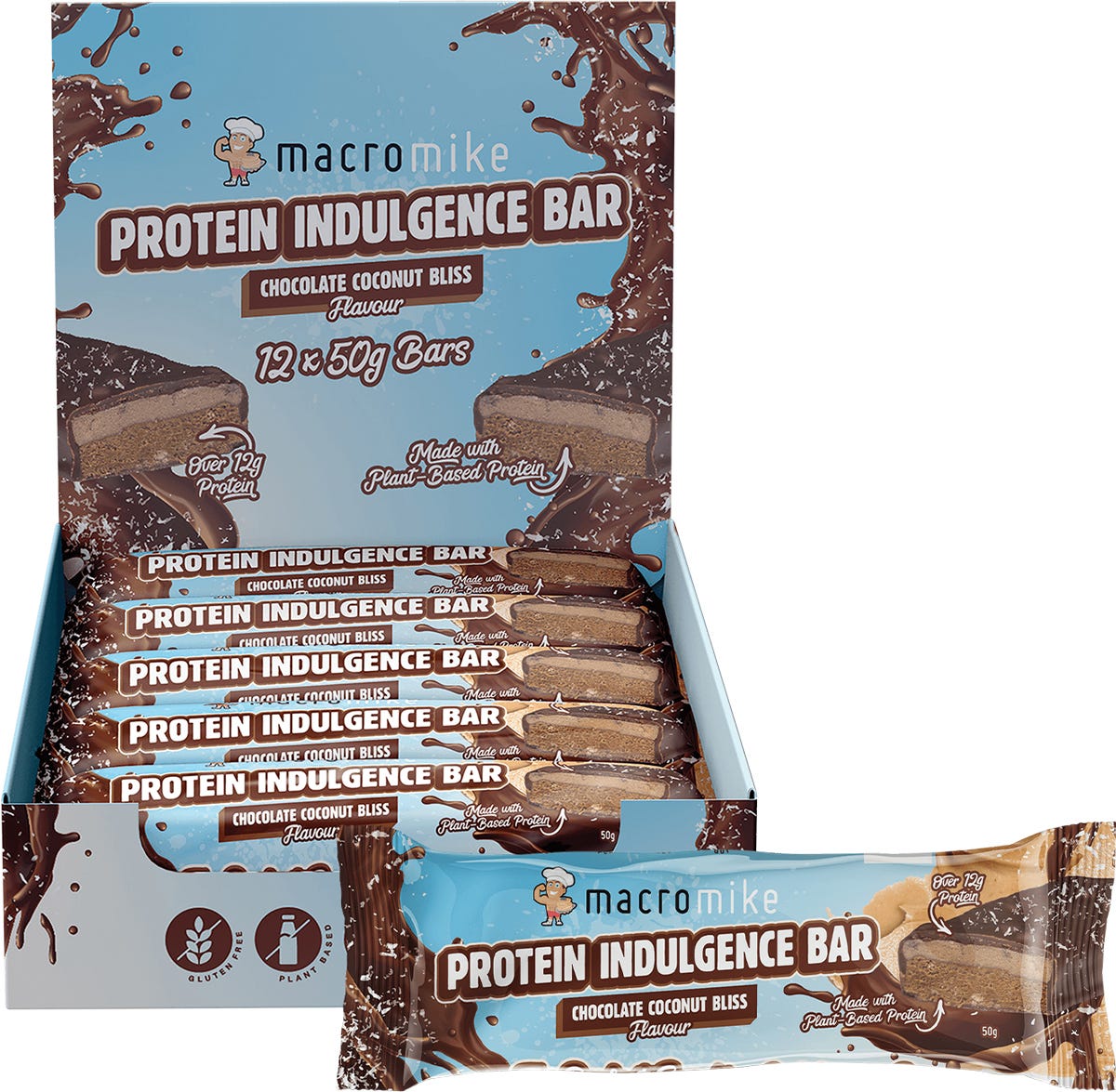 Box of 12 Macro Mike Chocolate Coconut Bliss Protein Indulgence Bars with a single bar and coconut pieces.