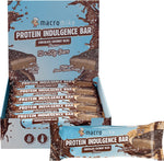 Box of 12 Macro Mike Chocolate Coconut Bliss Protein Indulgence Bars with a single bar and coconut pieces.