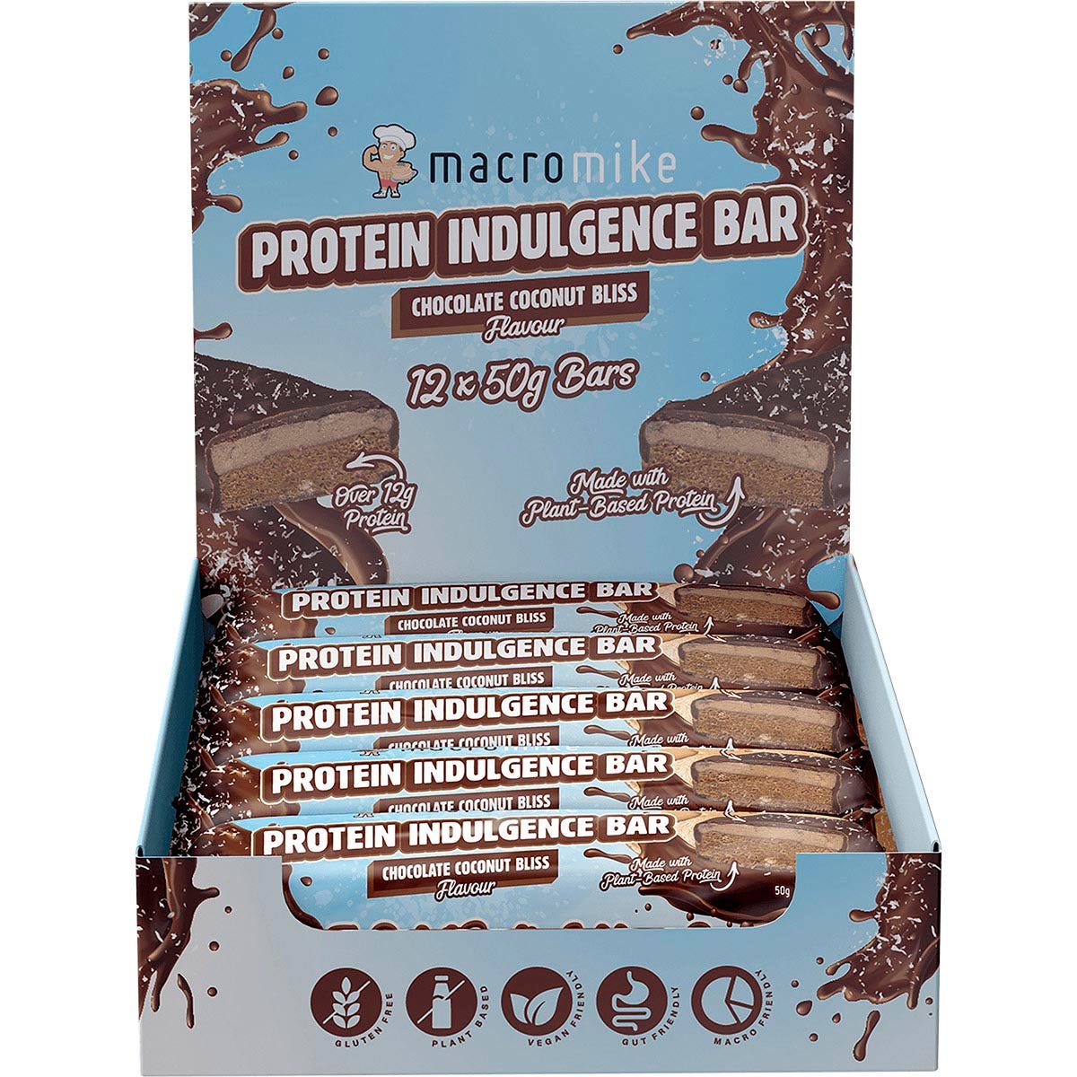 Retail display box of Macro Mike Chocolate Coconut Bliss Protein Indulgence Bars with 12 individual 50g snack packs.