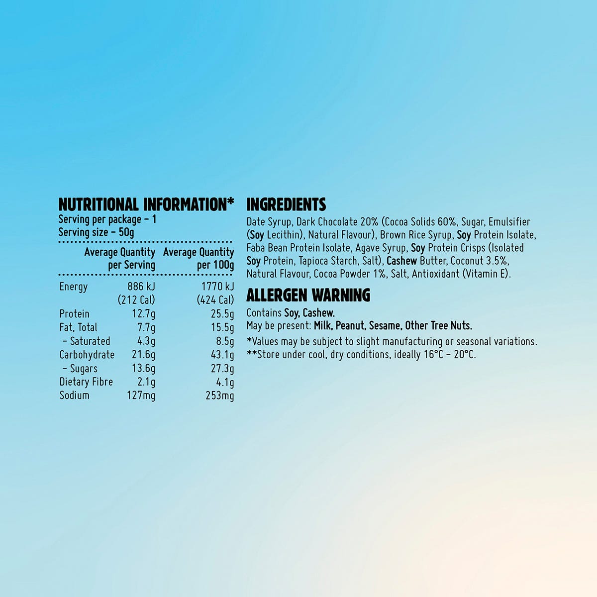 Nutrition facts panel for a 50g Macro Mike Chocolate Coconut Bliss Protein Indulgence Bar.