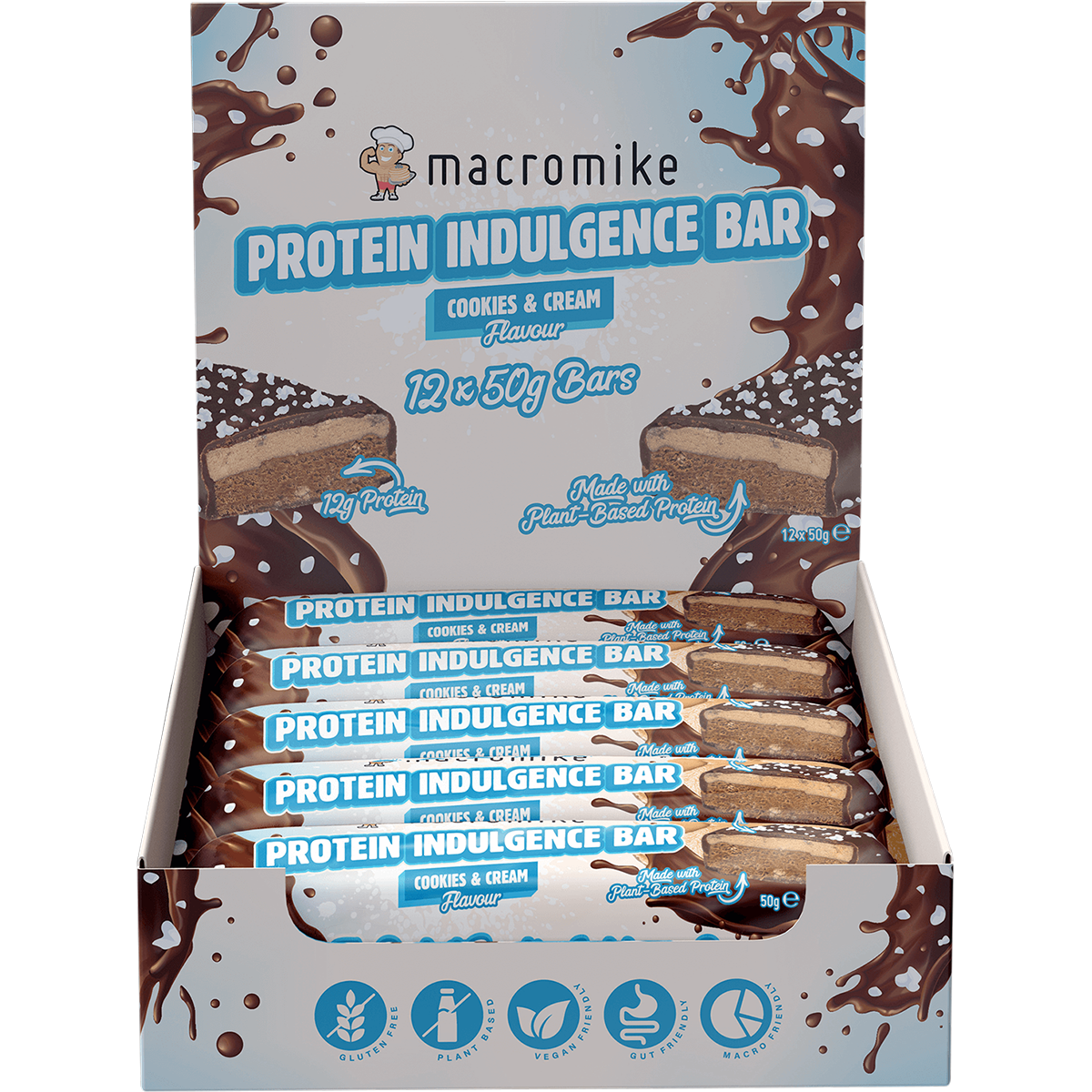 A box of Macromike Protein Indulgence Bars, Cookies & Cream flavor, containing 12 individually wrapped bars. The packaging features a white background with chocolate splatters and blue text, showing the chocolate-dusted bars inside.