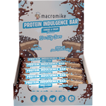 A box of Macromike Protein Indulgence Bars, Cookies & Cream flavor, containing 12 individually wrapped bars. The packaging features a white background with chocolate splatters and blue text, showing the chocolate-dusted bars inside.