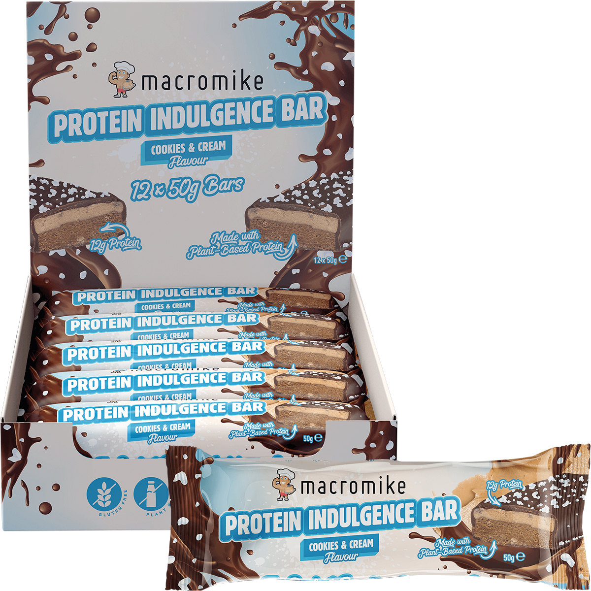 A display box and individual wrapped protein indulgence bar from macromike, Cookie & Cream flavor, on a plain white background.