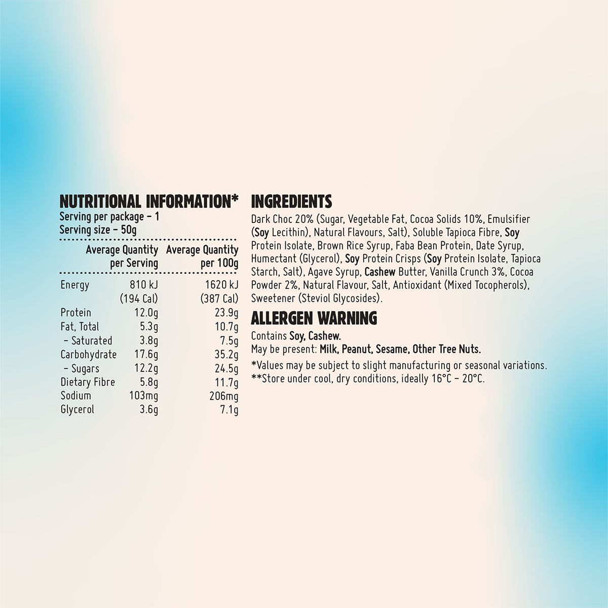 Nutritional information and ingredients list on a product label with a blue gradient background.
