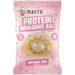 Birthday Cake Macro Mike Protein Indulgence Ball in a white wrapper with pink and blue sprinkles on a white background.