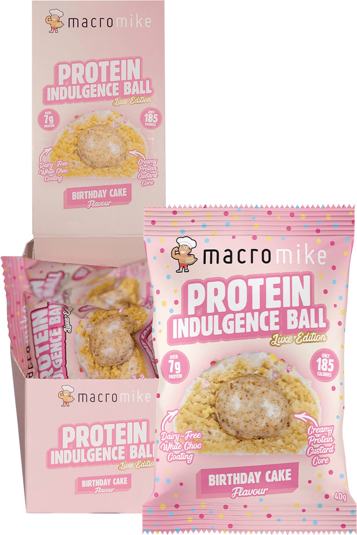 Macro Mike Birthday Cake Protein Indulgence Balls box of 12 and single 40g snack with white chocolate coating.