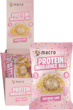 Macro Mike Birthday Cake Protein Indulgence Balls box of 12 and single 40g snack with white chocolate coating.