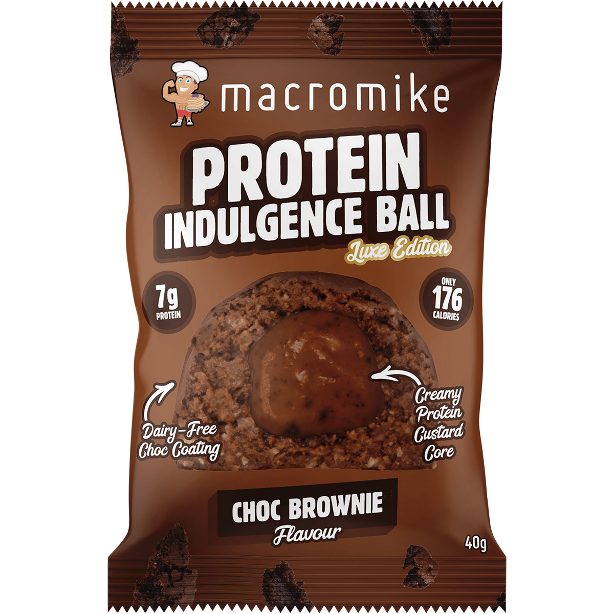 Macro Mike Choc Brownie Protein Indulgence Ball packaging and a single chocolate-coated ball with a creamy center.