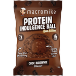 Macro Mike Choc Brownie Protein Indulgence Ball packaging and a single chocolate-coated ball with a creamy center.