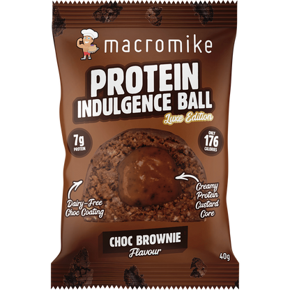 Macro Mike Choc Brownie Protein Indulgence Ball packaging and a single chocolate-coated ball with a creamy center.