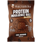 Macro Mike Choc Brownie Protein Indulgence Ball packaging and a single chocolate-coated ball with a creamy center.