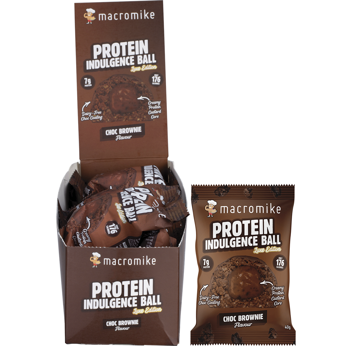 Macro Mike Choc Brownie Protein Indulgence Ball display box, single pack, and a chocolate-coated protein ball.