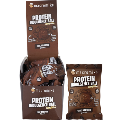 Macro Mike Choc Brownie Protein Indulgence Ball display box, single pack, and a chocolate-coated protein ball.