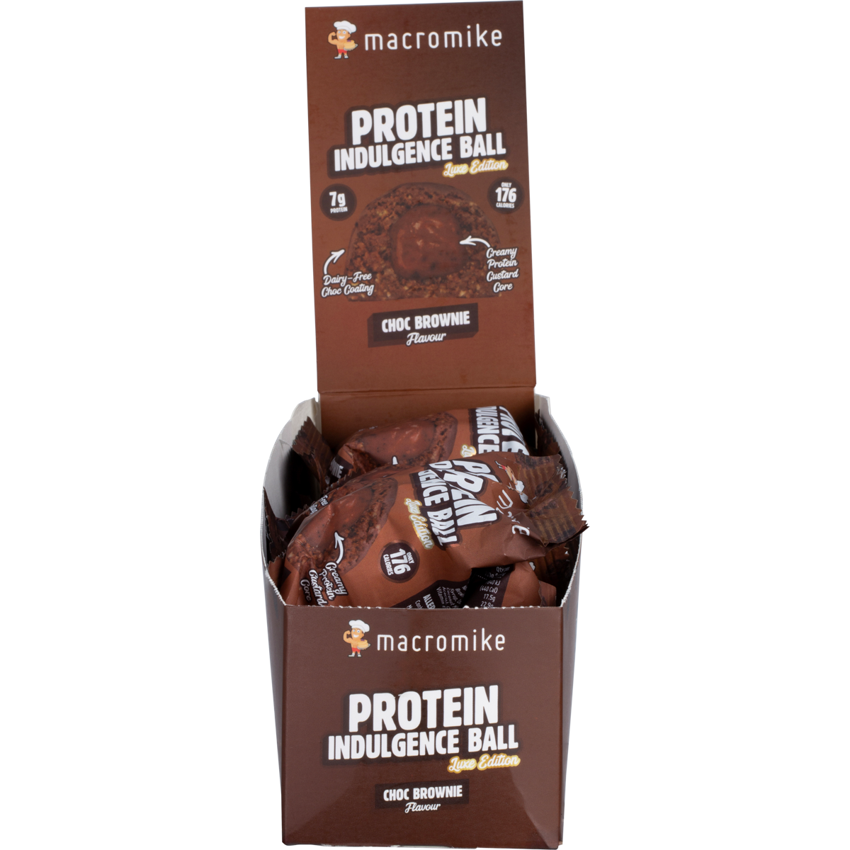 Macro Mike Choc Brownie Protein Indulgence Ball display box of 12 on a white background.