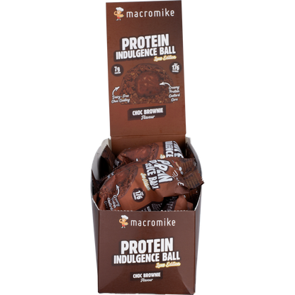 Macro Mike Choc Brownie Protein Indulgence Ball display box of 12 on a white background.