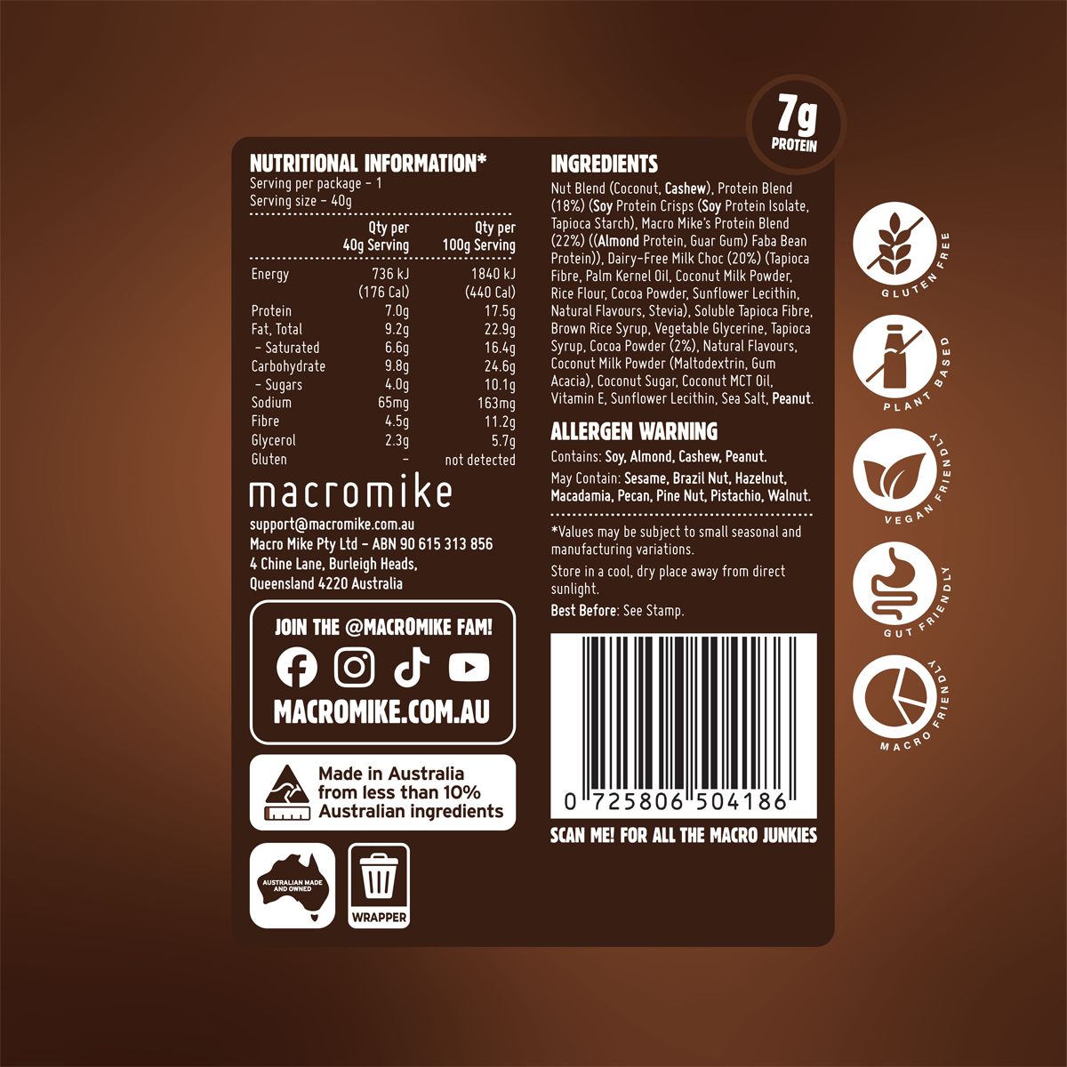 Nutrition information panel for Macro Mike Choc Brownie Protein Indulgence Ball showing ingredients and nutrition facts.