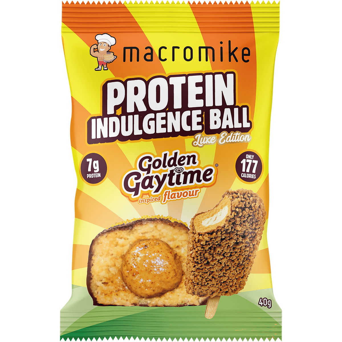 Macro Mike x Golden Gaytime Protein Indulgence Ball box of 12 x 40g featuring iconic biscuit crumb and chocolate coating.