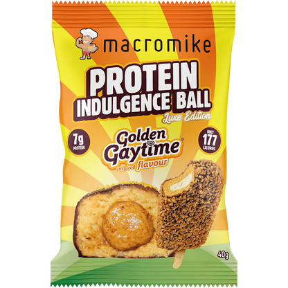 Macro Mike x Golden Gaytime Protein Indulgence Ball box of 12 x 40g featuring iconic biscuit crumb and chocolate coating.