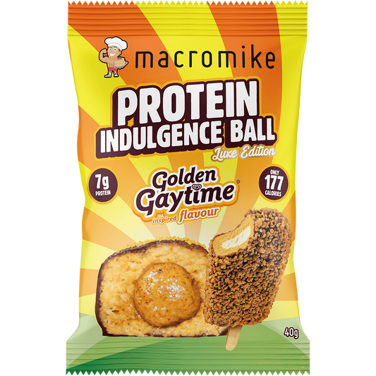 Macro Mike x Golden Gaytime Protein Indulgence Ball box of 12 x 40g featuring iconic biscuit crumb and chocolate coating.