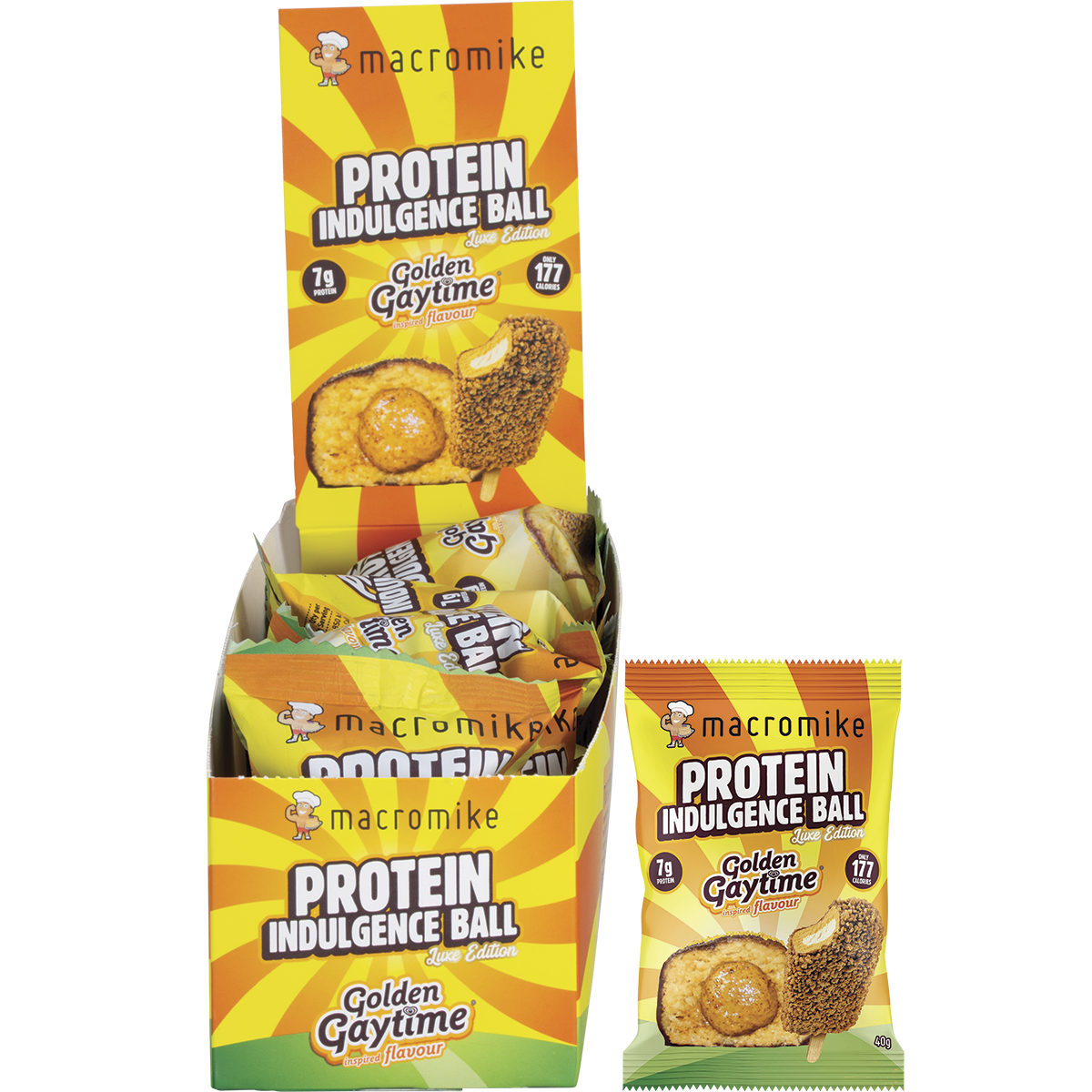 Macro Mike x Golden Gaytime Protein Indulgence Ball box, single 40g snack, and a ball with a creamy custard core.