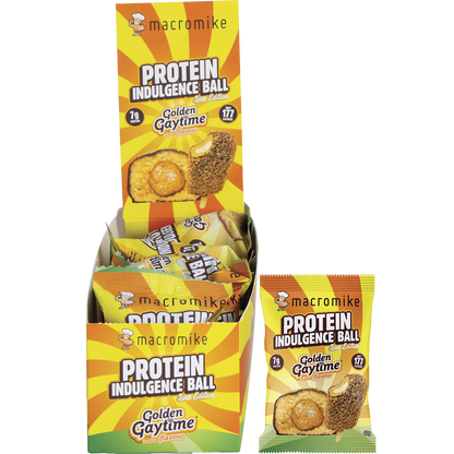 Macro Mike x Golden Gaytime Protein Indulgence Ball box, single 40g snack, and a ball with a creamy custard core.