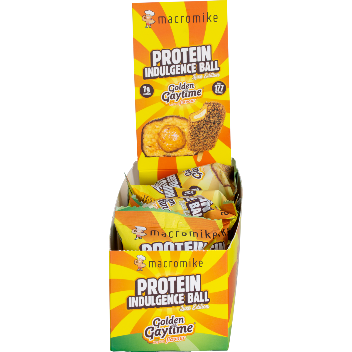 Macro Mike x Golden Gaytime Protein Indulgence Ball yellow and blue display box of 12 x 40g bars on a white background.