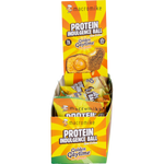 Macro Mike x Golden Gaytime Protein Indulgence Ball yellow and blue display box of 12 x 40g bars on a white background.