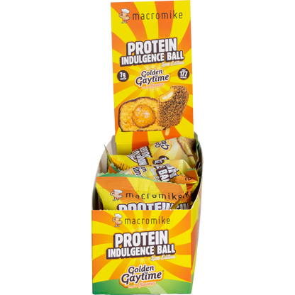 Macro Mike x Golden Gaytime Protein Indulgence Ball yellow and blue display box of 12 x 40g bars on a white background.