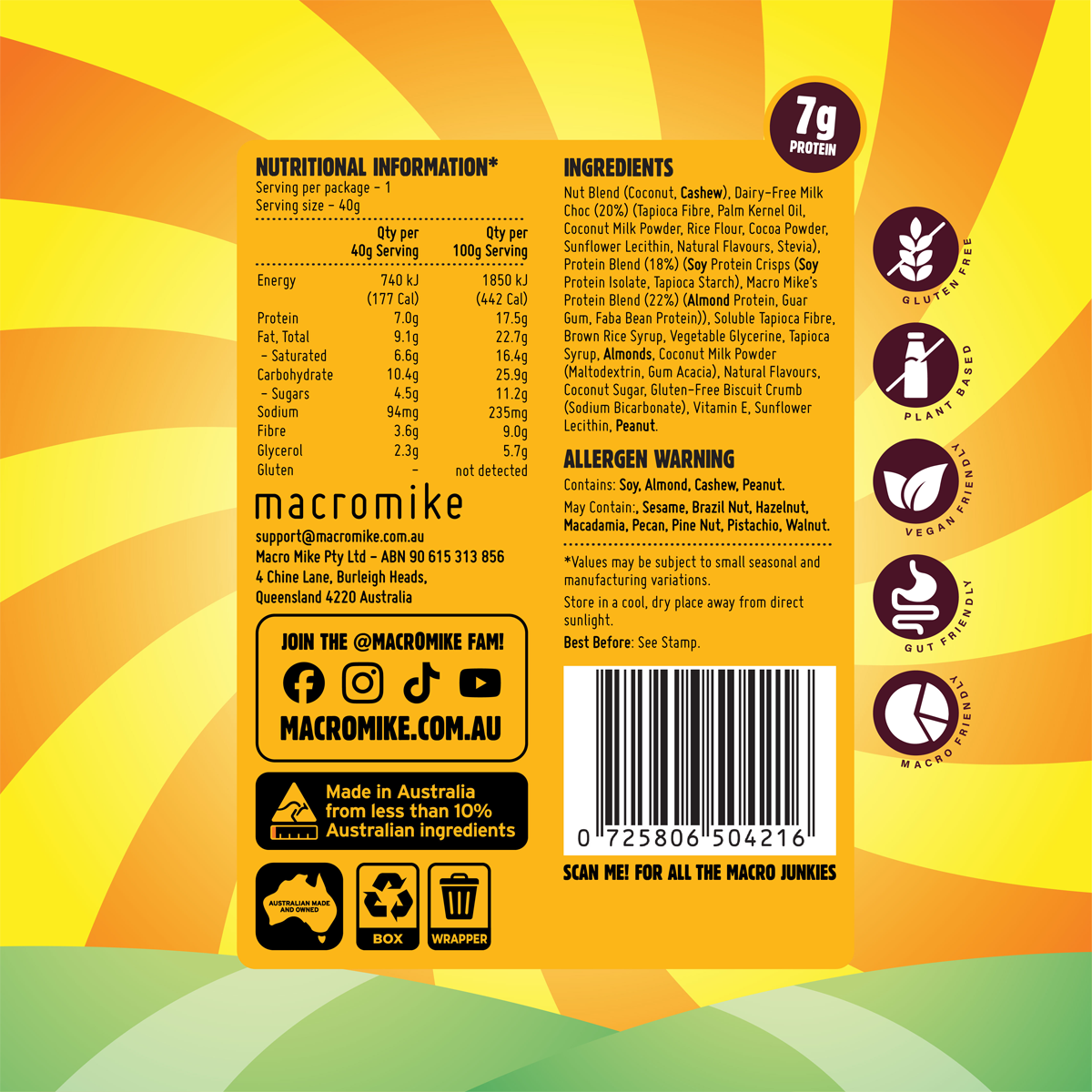 Nutrition information panel and ingredients list for Macro Mike x Golden Gaytime Protein Indulgence Balls.
