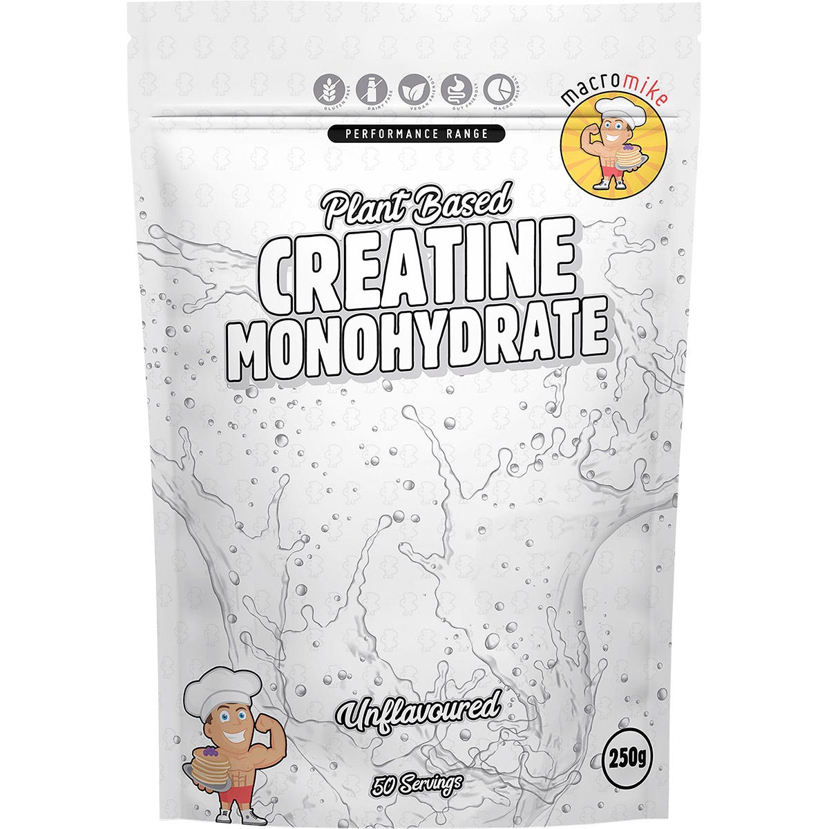 Macro Mike 250g bag of unflavoured plant-based creatine monohydrate on a white background.