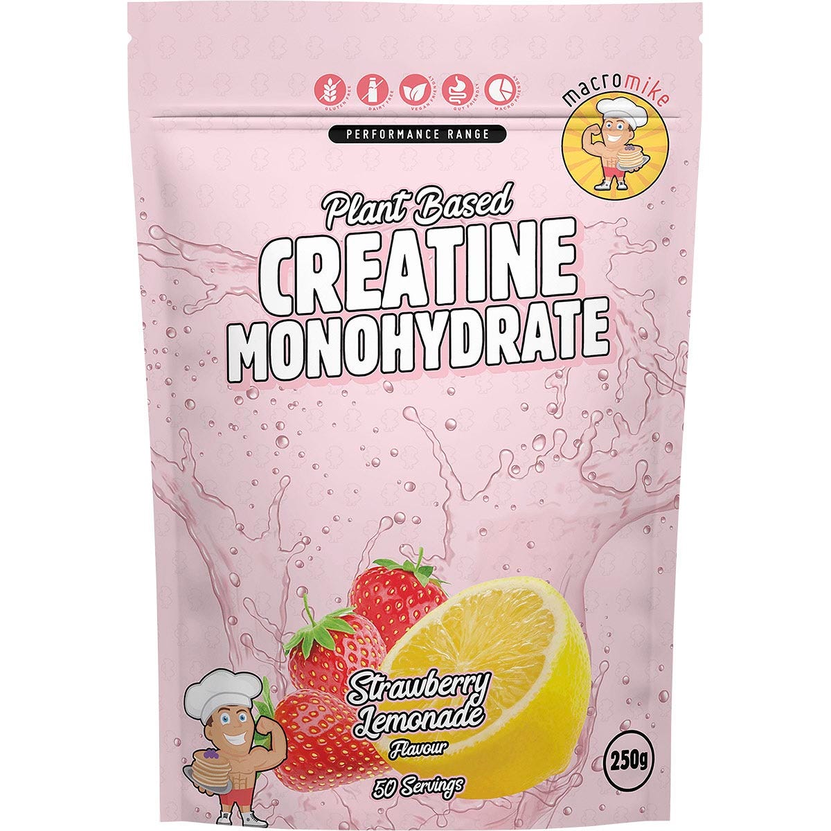 Macro Mike 250g Strawberry Lemonade plant-based creatine monohydrate pouch with strawberry and lemon graphics.