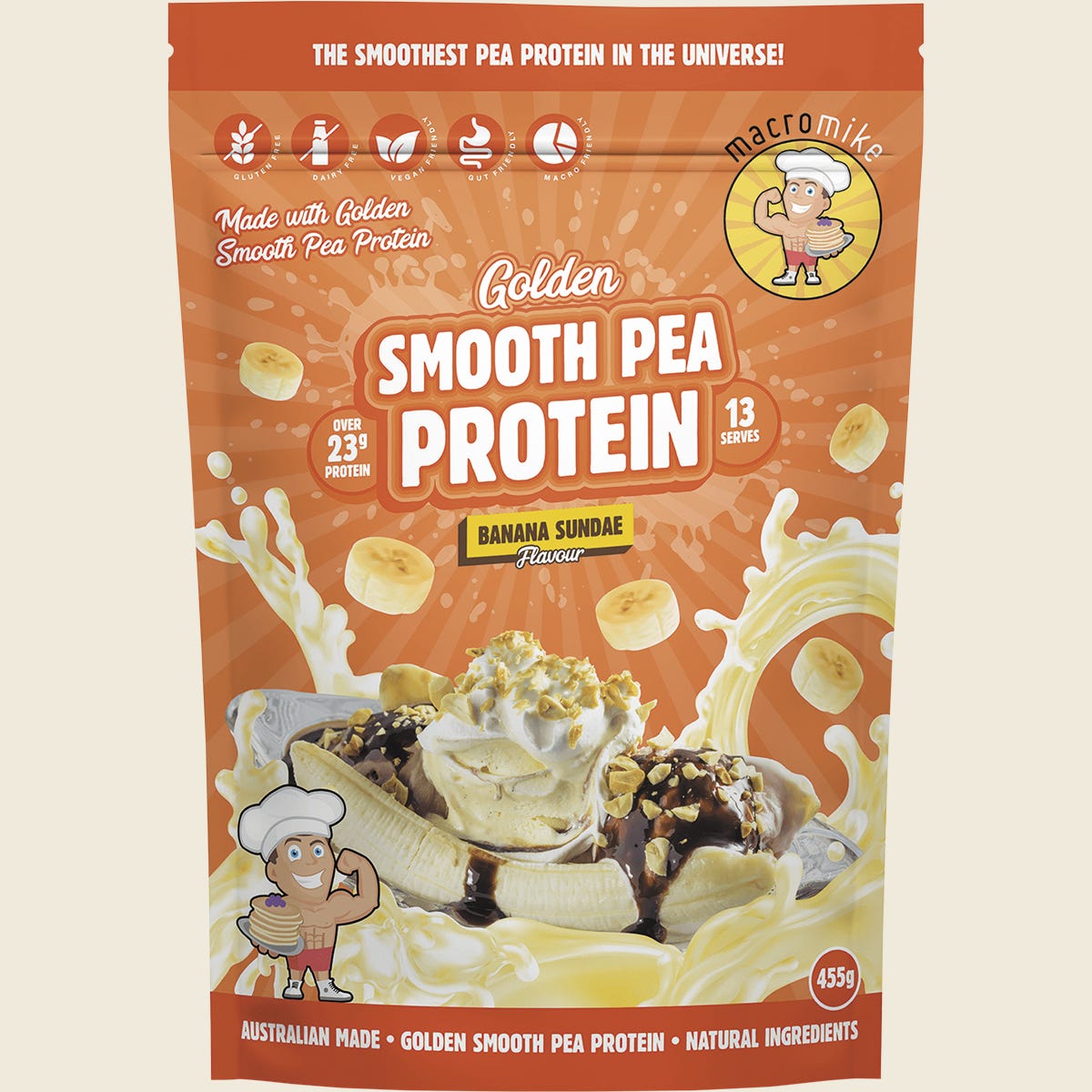 455g bag of Macro Mike Golden Smooth Pea Protein Banana Sundae with a yellow label on a white background.
