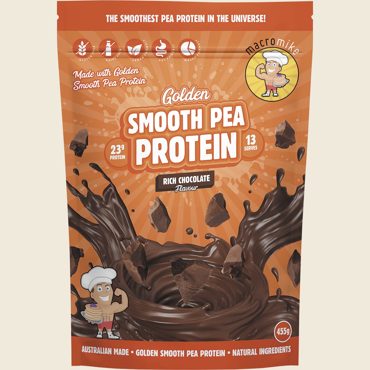455g bag of Macro Mike Golden Smooth Pea Protein in Rich Chocolate flavor with a orange and chocolate themed label.