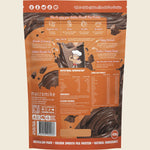 Back of Macro Mike Rich Chocolate Pea Protein bag featuring nutritional information and orange and chocolate graphics.