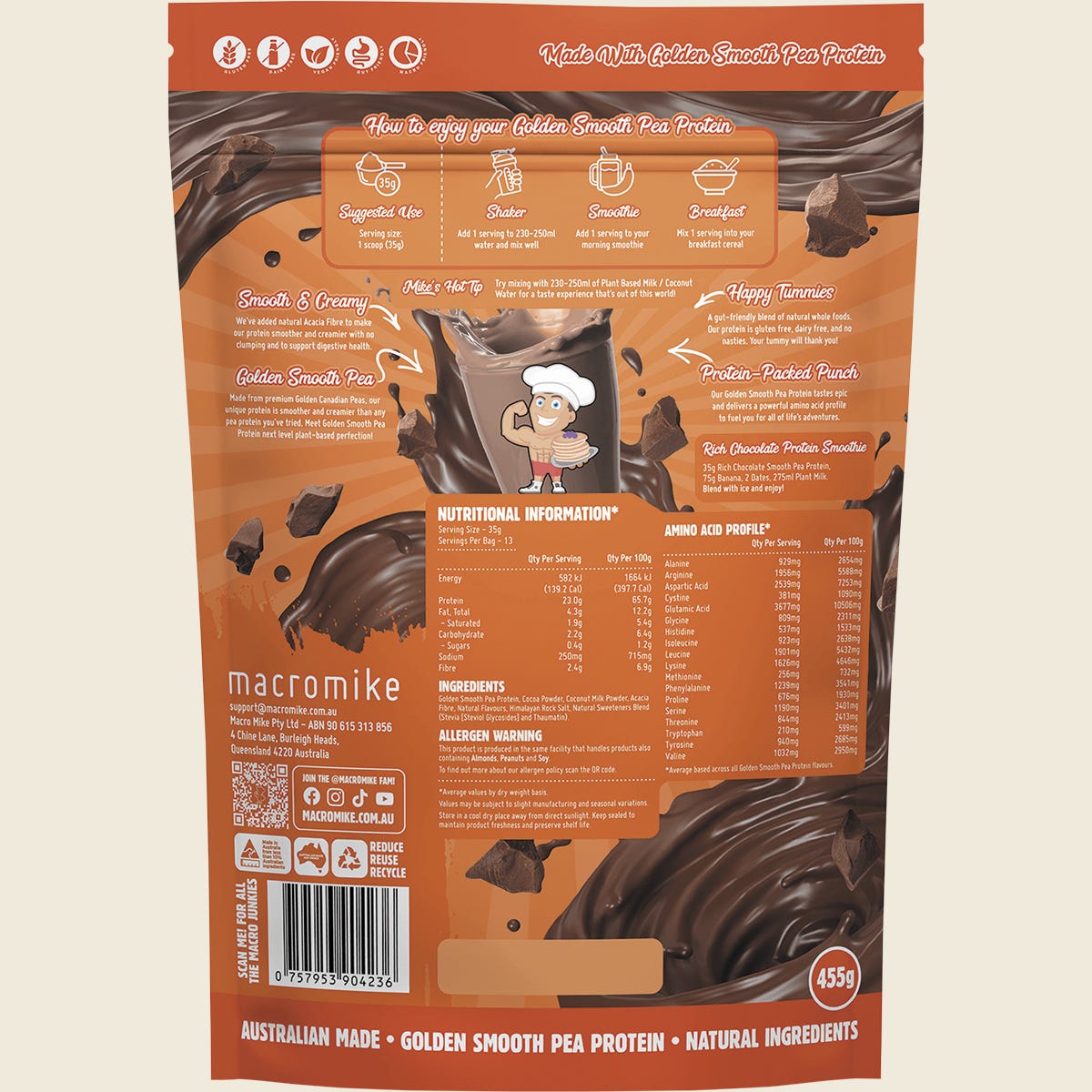 Back of Macro Mike Rich Chocolate Pea Protein bag featuring nutritional information and orange and chocolate graphics.