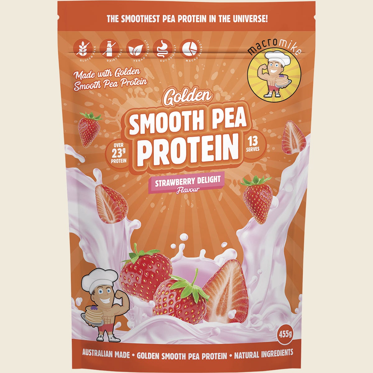 Macro Mike Strawberry Delight Golden Smooth Pea Protein 455g bag with a vibrant pink and white label.