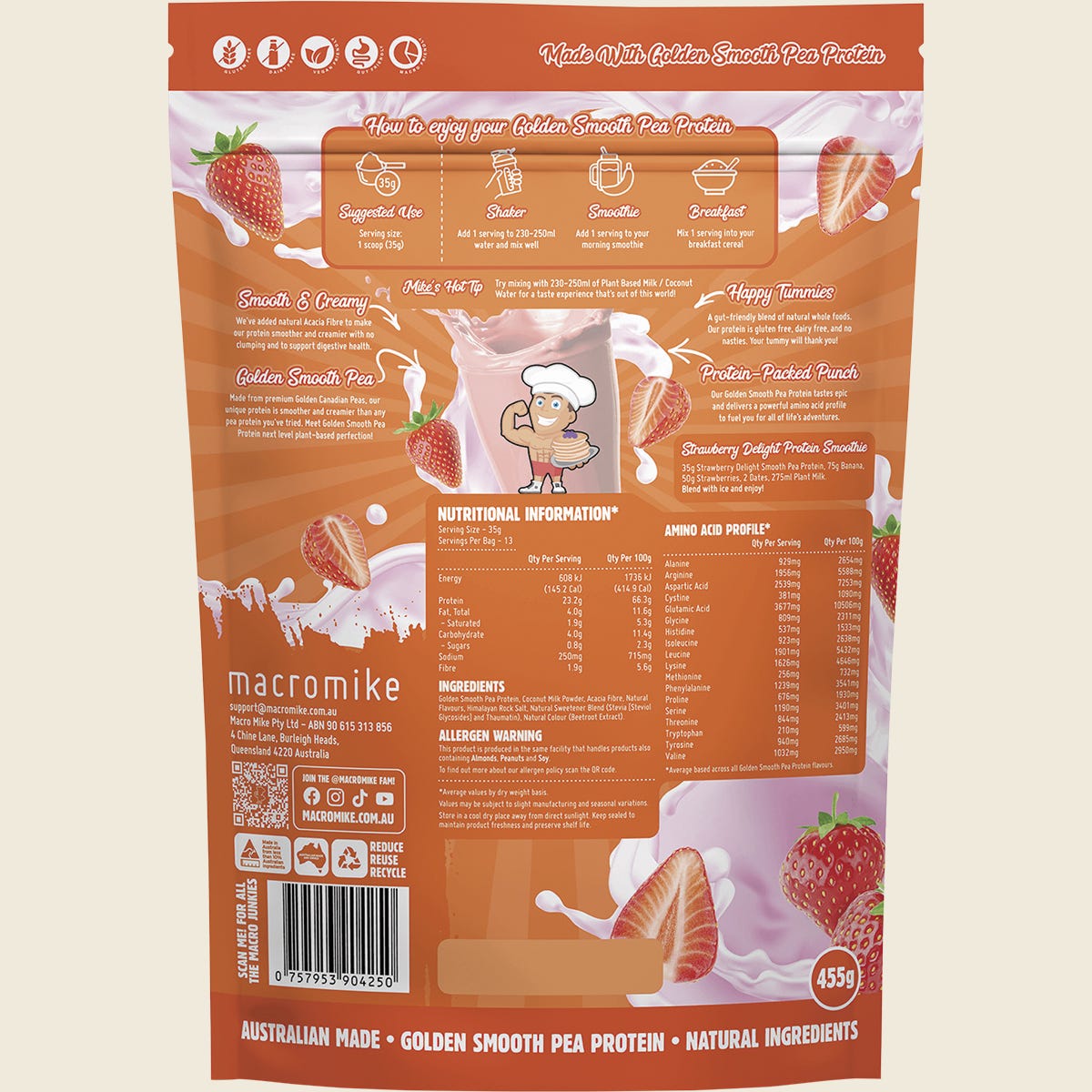 MACRO MIKE Golden Smooth Pea Protein Strawberry Delight 455g
