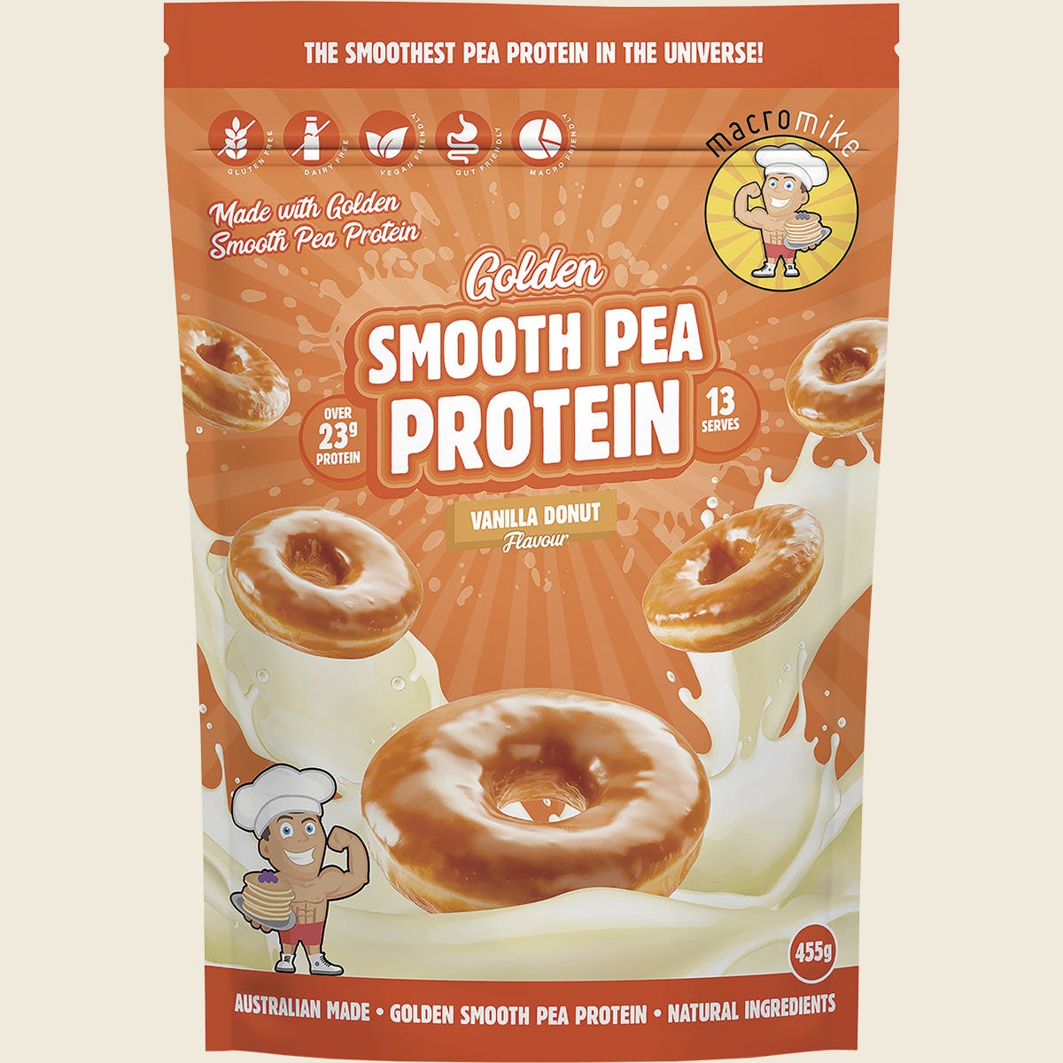 455g bag of Macro Mike Vanilla Donut Golden Smooth Pea Protein featuring a cream and orange label on a white background.