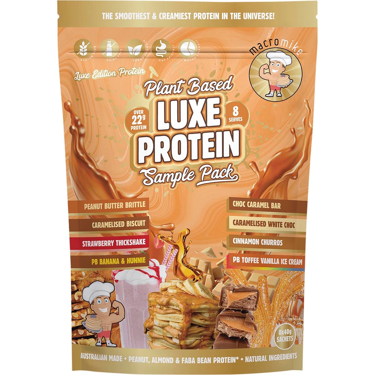 Macro Mike Plant Based Luxe Protein Sample Pack 8x40g featuring a variety of luxury plant-based protein sachets.