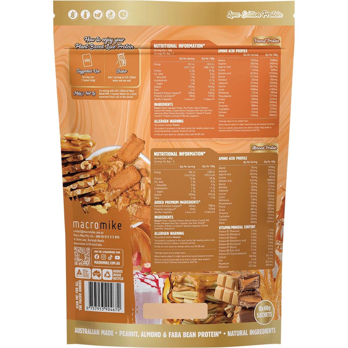 Back of Macro Mike Plant Based Luxe Protein Sample Pack box showing nutrition facts and ingredients for 8 sachets.
