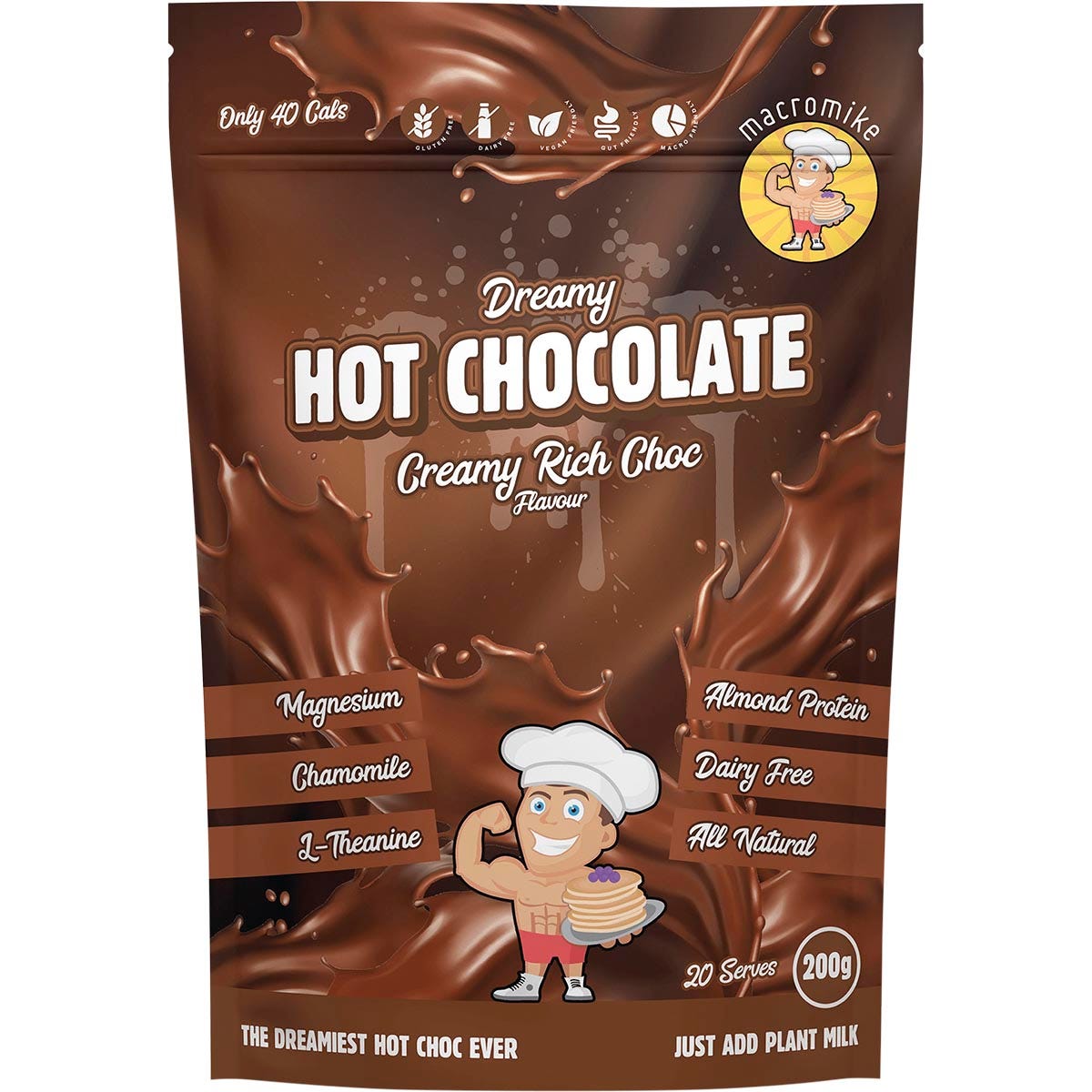 200g bag of Macro Mike Dreamy Hot Chocolate in Creamy Rich Choc flavor with almond protein and calming ingredients.